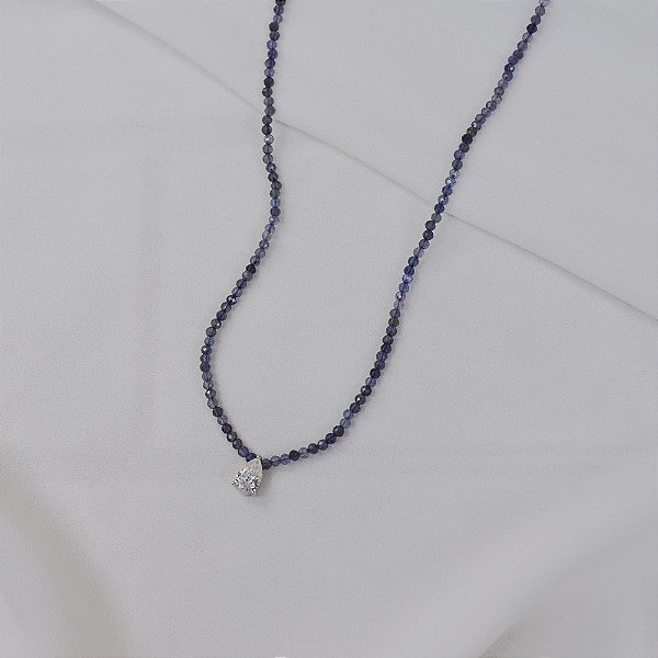 Colar pedra natural iolita com moissanite gota prata 925