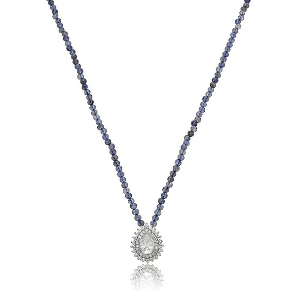 Colar pedra natural iolita com moissanite gota prata 925