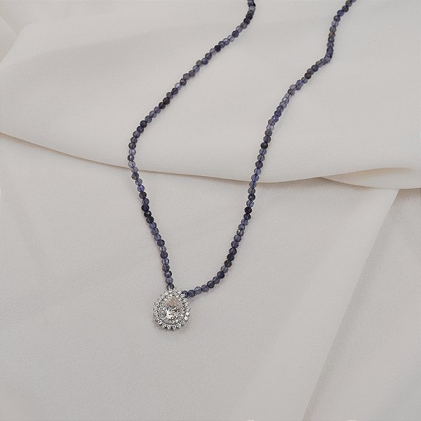 Colar pedra natural iolita com moissanite gota prata 925