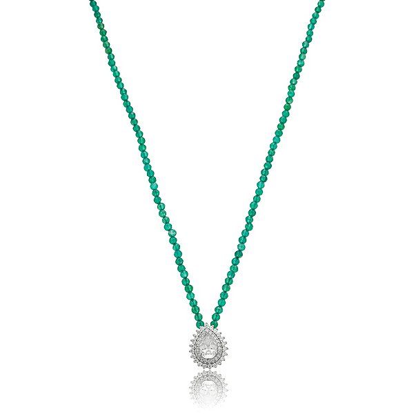 Colar pedra natural ônix verde com moissanite gota prata 925