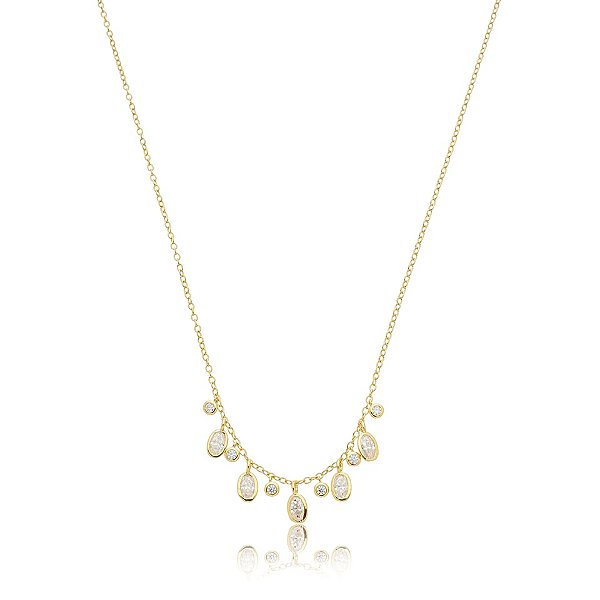 Colar corrente penduricalhos ovais moissanite ouro prata 925