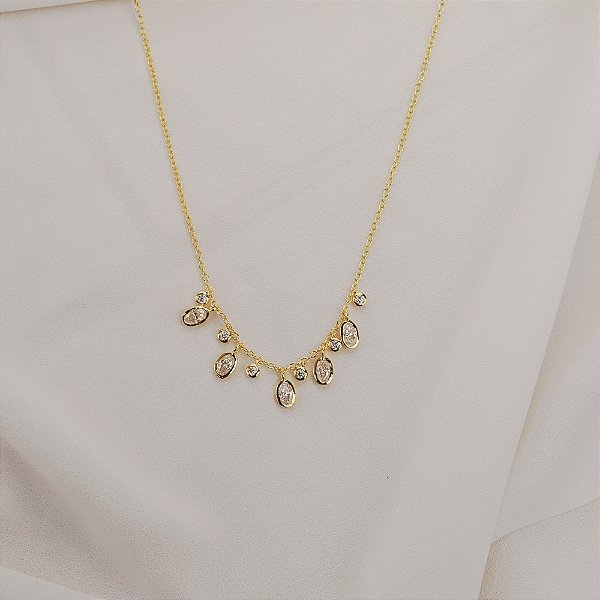 Colar corrente penduricalhos ovais moissanite ouro prata 925