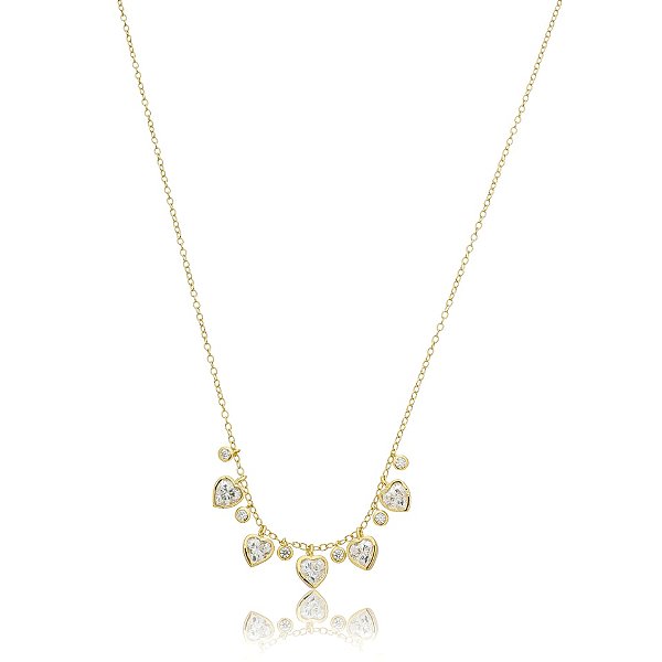 Colar corrente penduricalhos corações moissanite ouro prata 925