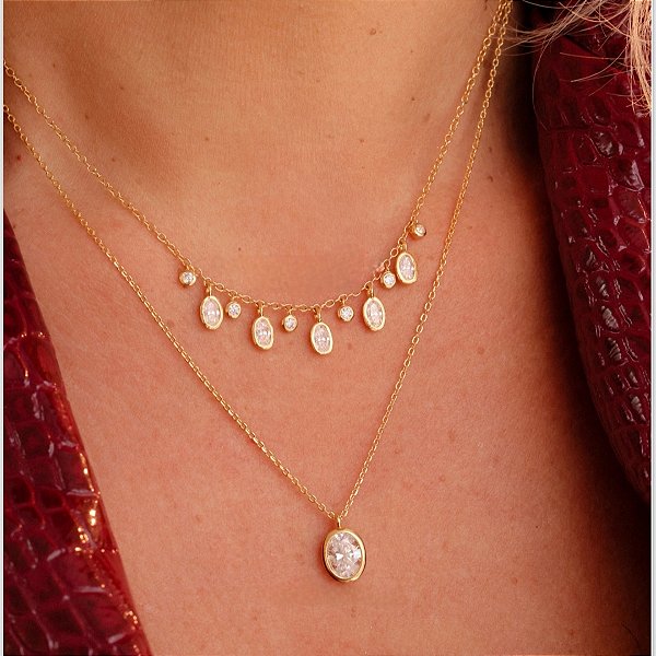 Colar corrente ponto de luz oval moissanite ouro prata 925