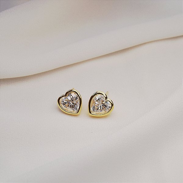 Brinco coração moissanite ouro prata 925