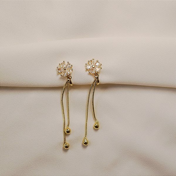 Brinco pressão flor zircônia franja ouro semijoia