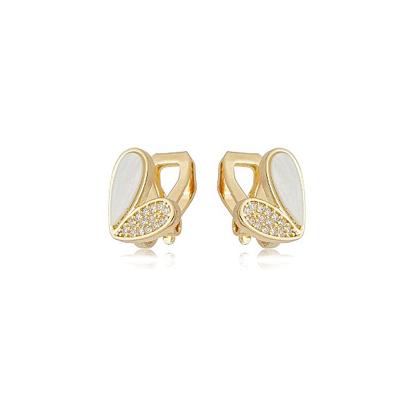 Brinco pressão coração madrepérola zircônia ouro semijoia