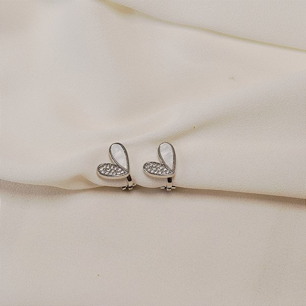 Brinco pressão coração madrepérola zircônia ródio semijoia