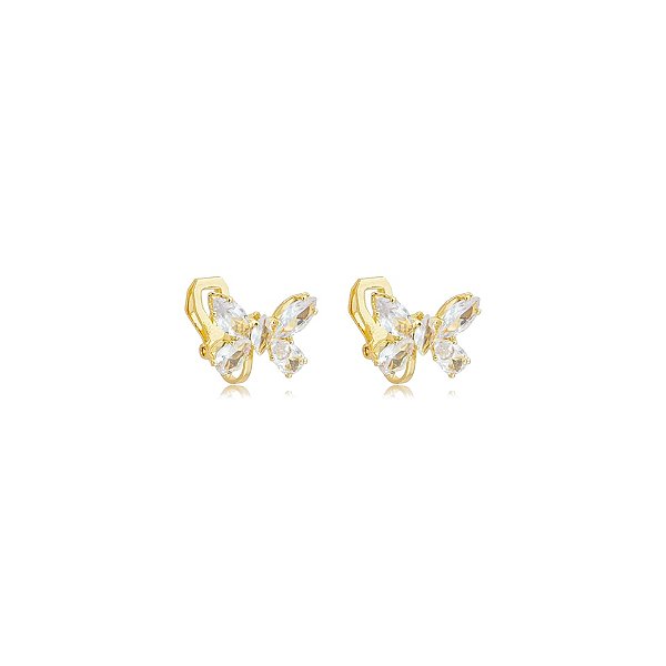 Brinco pressão borboleta cristal ouro semijoia