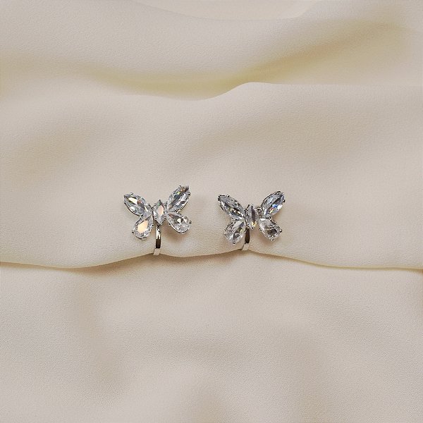 Brinco pressão borboleta cristal ródio semijoia