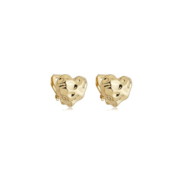 Brinco pressão coração martelado ouro semijoia