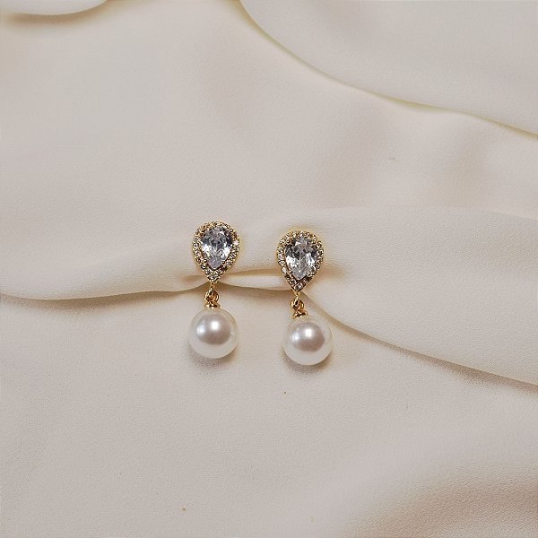 Brinco pressão gota zircônia pérola ouro semijoia