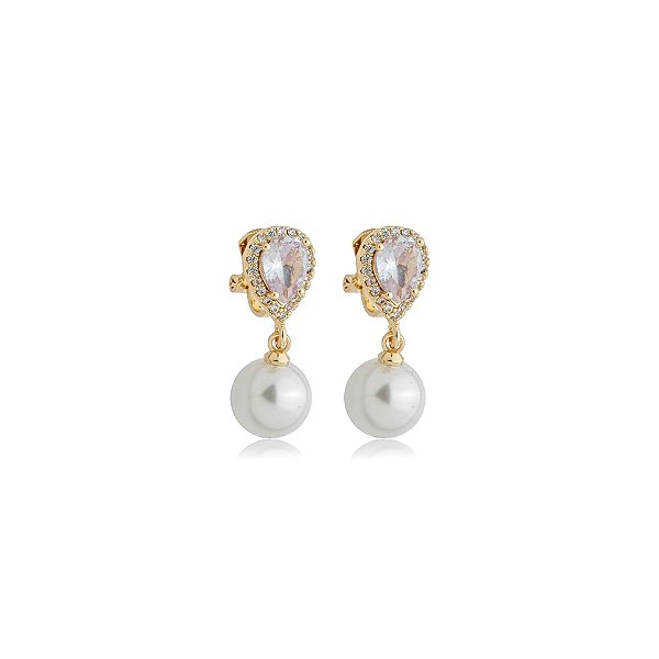 Brinco pressão gota zircônia pérola ouro semijoia