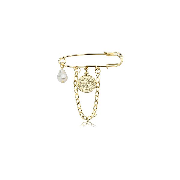 Broche alfinete penduricalhos pérola Divino Espírito Santo dourado