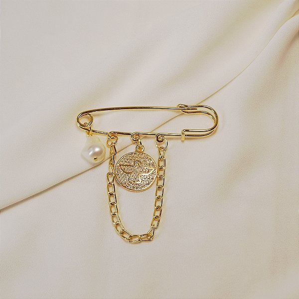 Broche alfinete penduricalhos pérola Divino Espírito Santo dourado