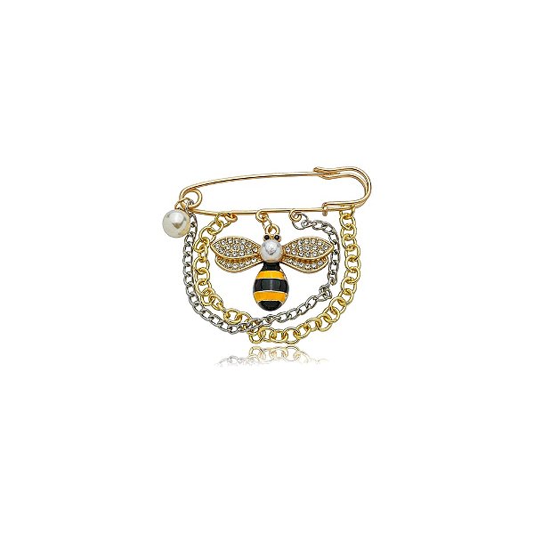 Broche alfinete penduricalhos abelha pérola dourado