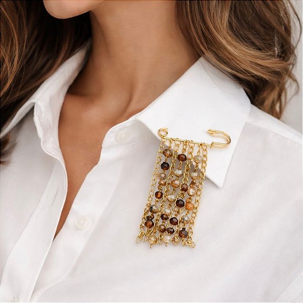 Broche alfinete penduricalhos cristais dourado