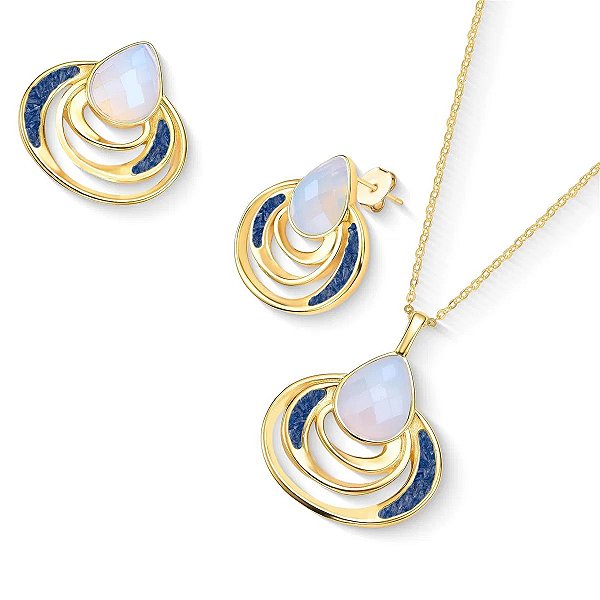 Colar e brinco gota pedras naturais opalina perolada e cianita azul ouro semijoia