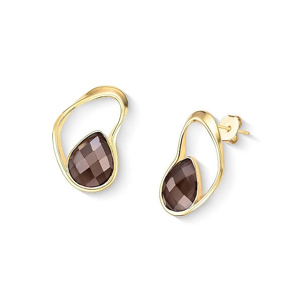 Brinco orgânico pedra natural obsidiana fumê perolada ouro semijoia