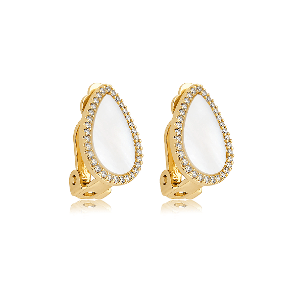 Brinco pressão gota madrepérola zircônia ouro semijoia 26k02011