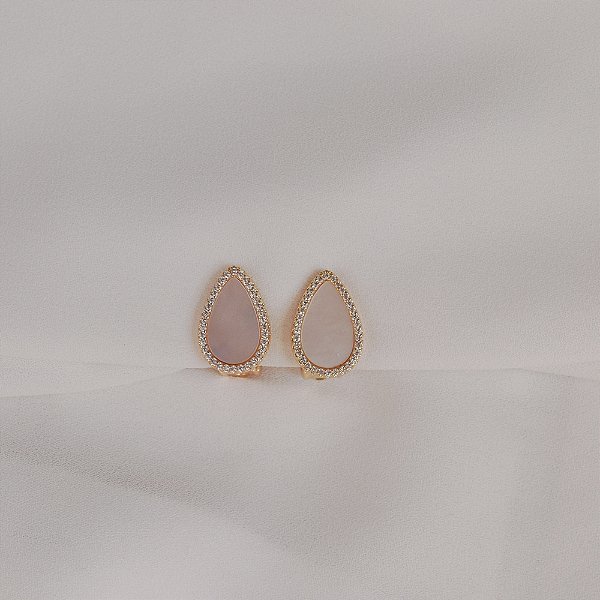 Brinco pressão gota madrepérola zircônia ouro semijoia 26k02011