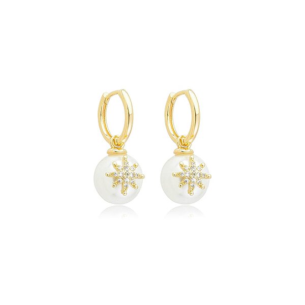 Brinco argolinha pingente pérola estrela zircônia ouro semijoia 26k06002