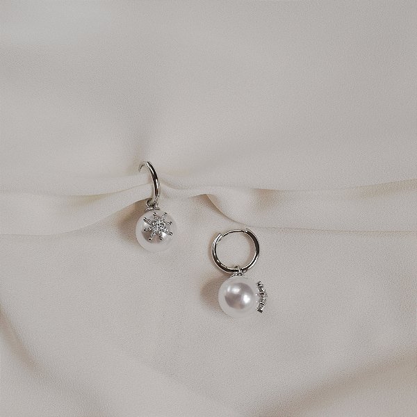 Brinco argolinha pingente pérola estrela zircônia ródio semijoia 26k06002