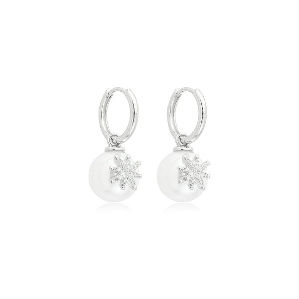 Brinco argolinha pingente pérola estrela zircônia ródio semijoia 26k06002