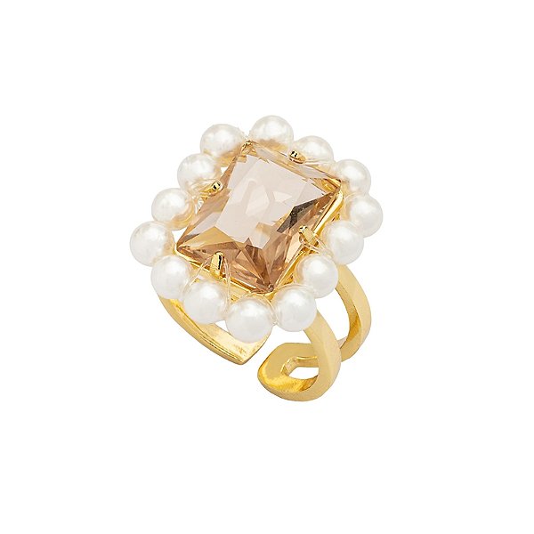 Anel ajustável Lita Raies pérolas cristal light peach ouro semijoia
