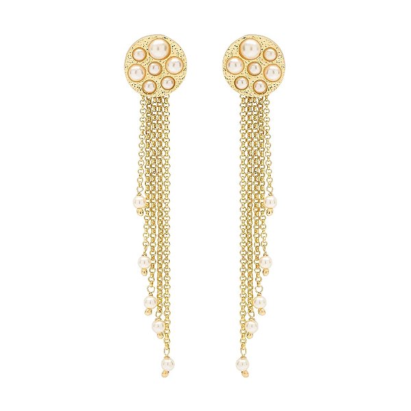 Brinco 2 em 1 Lita Raies franjas pérolas ouro semijoia