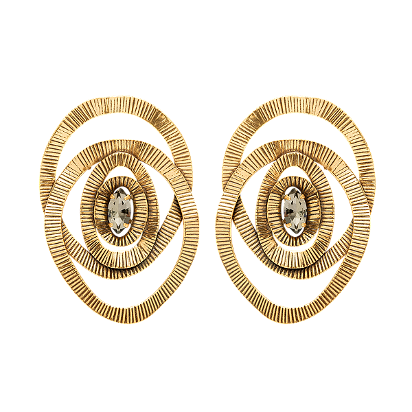 Maxi brinco Lita Raies entrelaço cristal ouro vintage semijoia