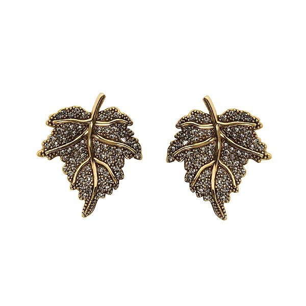 Brinco Morena Canela folha m strass black diamond ouro semijoia