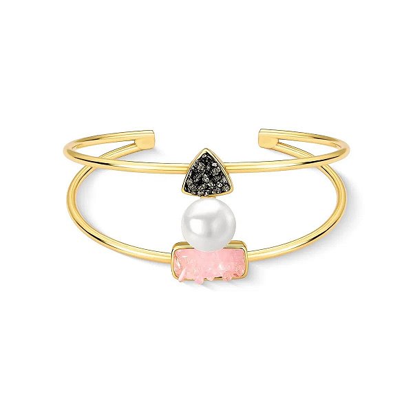 Bracelete pedras naturais quartzo rosa pirita e pérola shell ouro semijoia