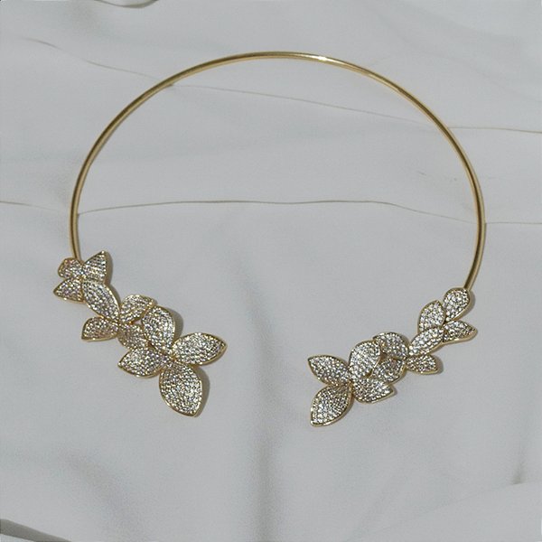 Colar aro folhas zircônia ouro semijoia XL 2772