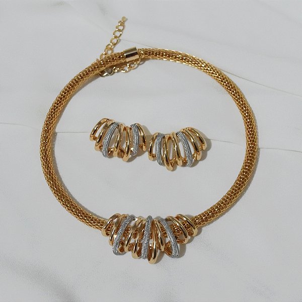 Colar e brinco aros ouro e ródio semijoia XL 2677 BA 7962