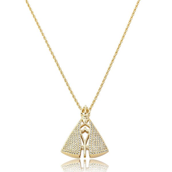Colar Nossa Senhora Aparecida dupla face zircônia azul ouro semijoia BO457
