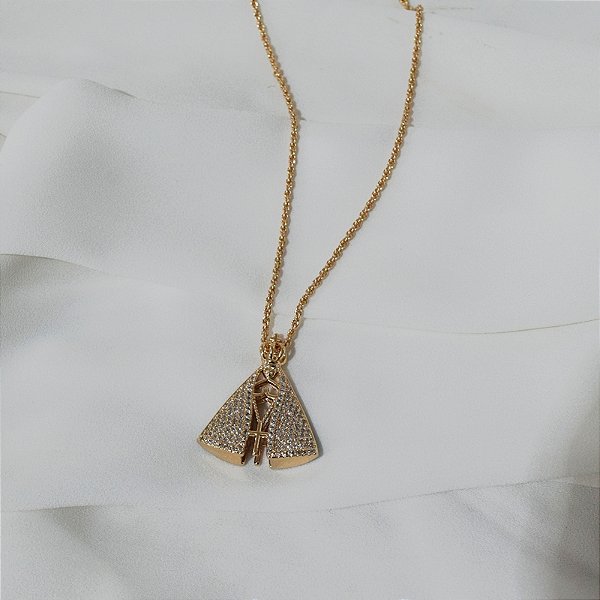 Colar Nossa Senhora Aparecida dupla face zircônia azul ouro semijoia BO457
