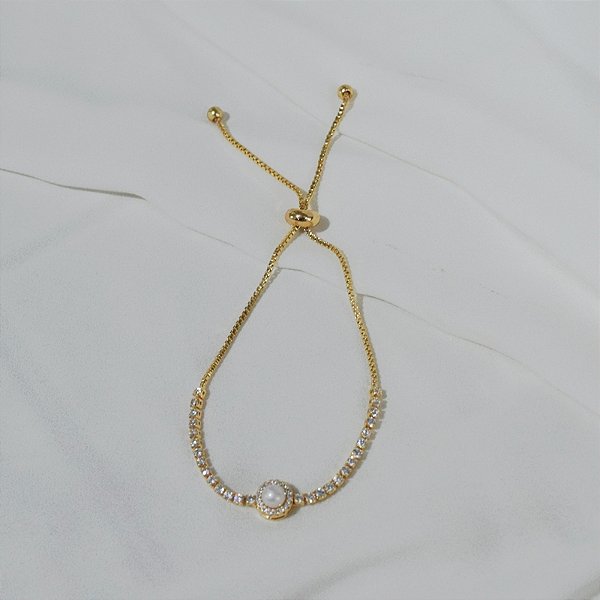 Pulseira riviera gravatinha pérola zircônia ouro semijoia FZ352