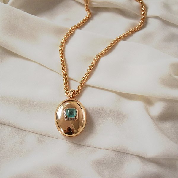Colar relicário oval cristal turmalina ouro semijoia BO547