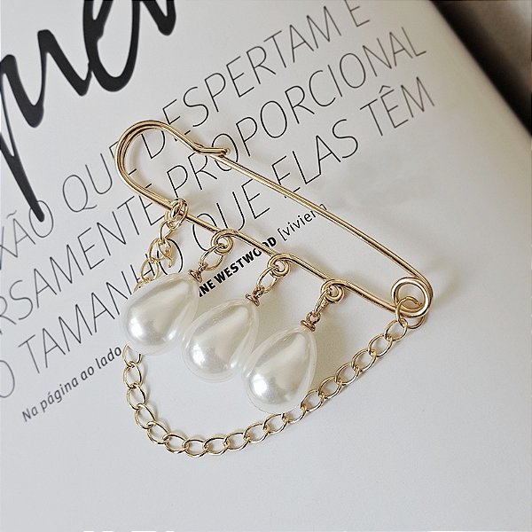 Broche alfinete pérolas corrente dourado