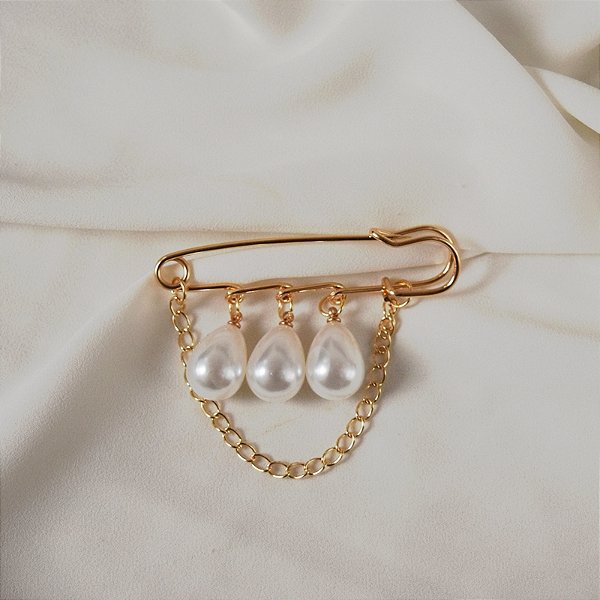 Broche alfinete pérolas corrente dourado