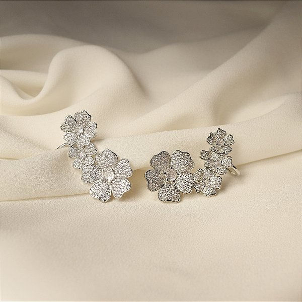 Brinco ear cuff flores zircônia ródio semijoia 26k03011