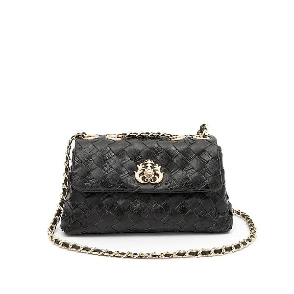 Mini bolsa Isla flap tressê gloss preto ouro