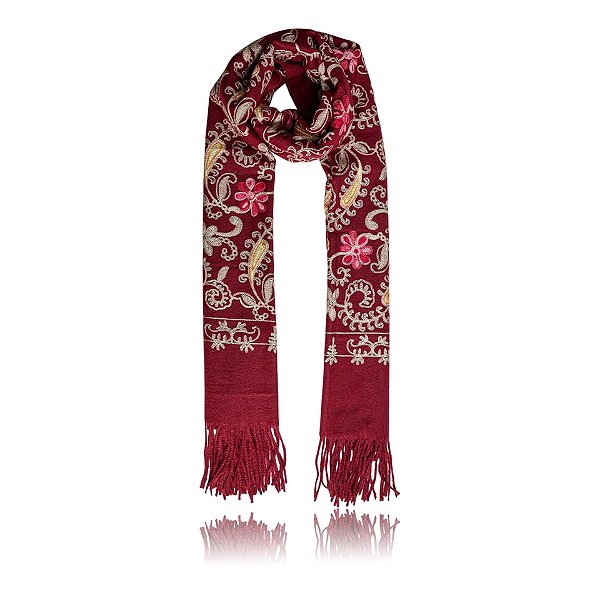 Pashimina cashmere bordado floral e paisley vermelho