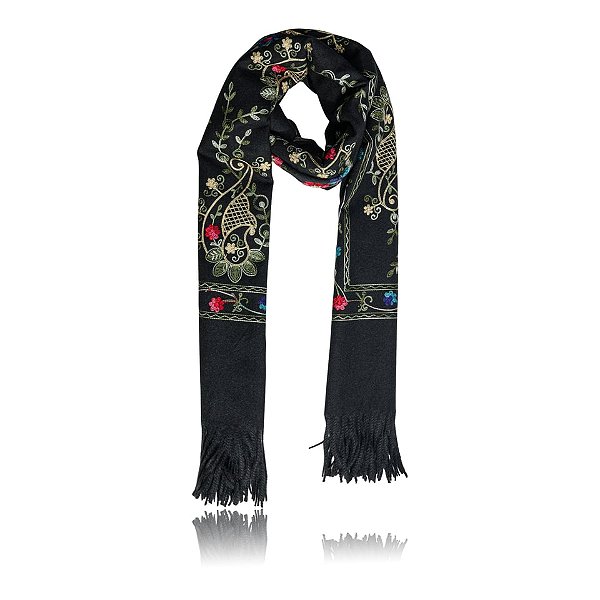 Pashimina cashmere bordado floral e paisley preto