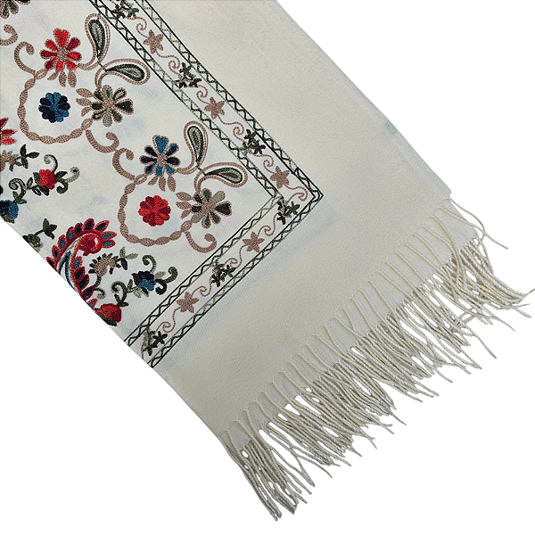 Pashimina cashmere bordado floral e paisley creme