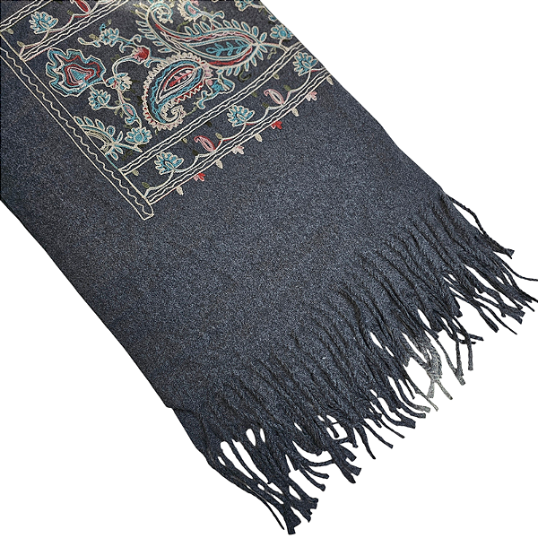 Pashimina cashmere bordado floral e paisley cinza
