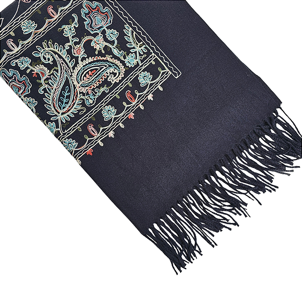 Pashimina cashmere bordado floral e paisley preto