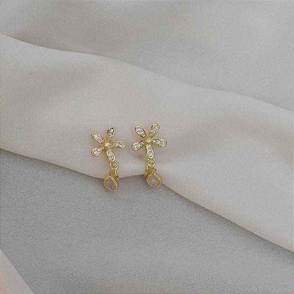 Brinco pressão flor zircônia ouro semijoia 7268305