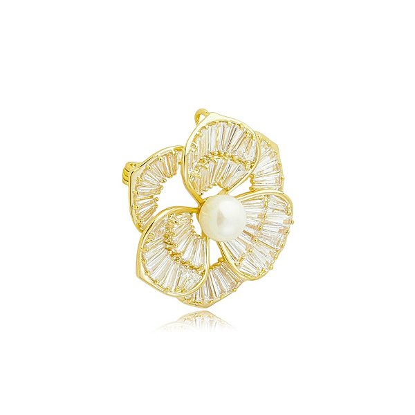 Broche flor zircônia pérola dourado 6376804